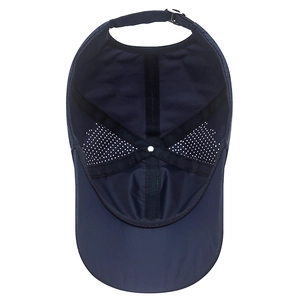 Deep blue quick-dry baseball cap featuring laser-cut ventilation holes and internal stitching