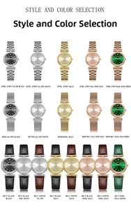 Multiple quartz watch styles featuring steel mesh and leather straps in various colors