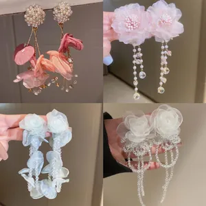 Chic floral tassel earrings with silk fabric flowers and pearl accents in four colors