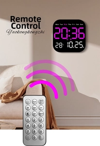Detail showing the remote control function and purple LED display of the digital wall clock