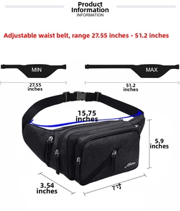 Detailed size chart for black waist bag with adjustable strap and multiple zip pockets