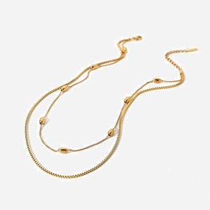 Double Layer Stainless Steel Necklace For Women Gold Plated Oval Beads Box Chain Minimalist Vintage Jewelry Waterproof