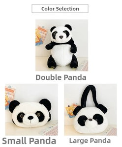 Detailed comparison of three giant panda plush bags in different sizes and styles