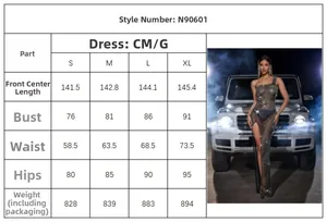 Detailed size chart for sequin evening dress showing S to XL measurements in centimeters