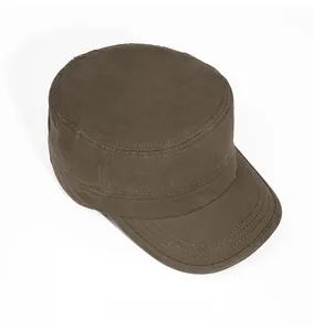 Top view of tan cotton flat top army cap with detailed stitching and canvas texture