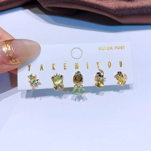 Detailed view of 5-piece earring set with animal shapes and colorful zircon stones