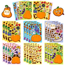 Detail of DIY Halloween pumpkin stickers featuring diverse facial expressions and accessories