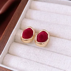 Vintage wine red velvet twisted metal stud earrings for women with gold finish