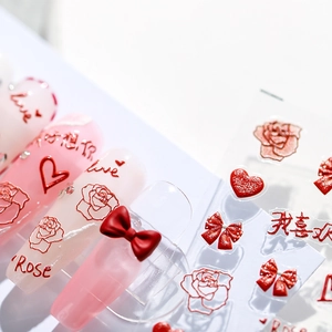 3D ultra-thin nail art stickers featuring red roses, hearts and bows, style TS-1345