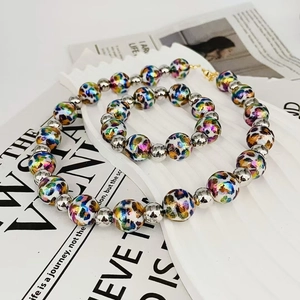 Detailed view of the colorful laser leopard print bead necklace and bracelet set