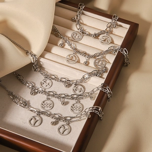 Zodiac pendant bracelet in silver stainless steel with double layered Cuban chain