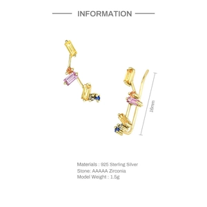Detail of 16mm gold C-shaped earrings in 925 silver with colorful AAAAA zirconia stones