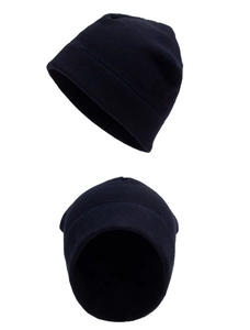 Detail view of navy blue fleece beanie showing soft texture and high-density warm fabric