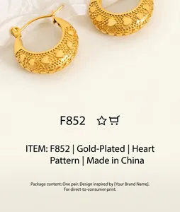 Detail of 18K gold C-shape hoop earrings with vintage heart relief patterns