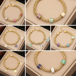 Bracciale In Acciaio Inossidabile Dorato Elefante Cuore Malocchio Ciondoli Smalto Catena Regolabile