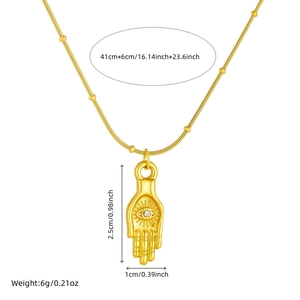 Golden Fatima Hand necklace with evil eye pendant on beaded snake chain, 41cm length