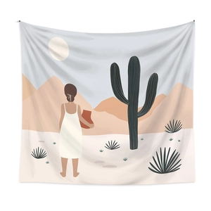 Bohemian tapestry featuring sunset cactus landscape and woman in desert scene