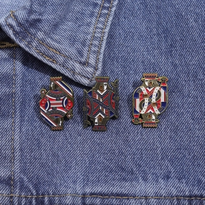 Detailed view of K, Q, J poker card enamel pins on denim, creative metal badges set