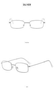 Silver rectangular metal frame sunglasses shown in front and side view on white background