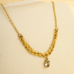 Three-layer gold stainless steel necklace with oval clear zircon pendant for women