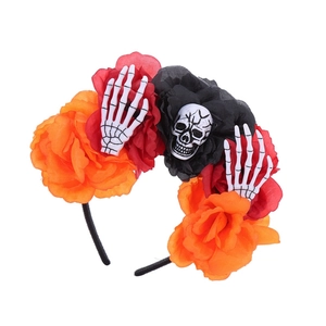 Halloween headband with skull, skeletal hands and colorful artificial roses on white background