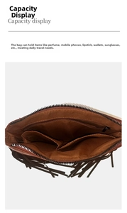 Detail view of the brown bohemian bag showing triple compartment structure and fringe