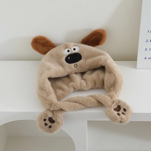 Close-up of plush cartoon puppy hat with soft brown 3D ears and cute paw embroidery