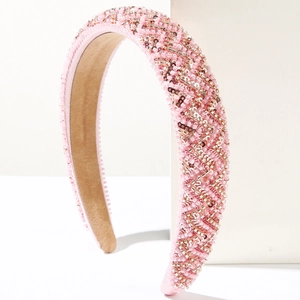 Pink handmade beaded sponge headband with stylish wave pattern and sequins for women