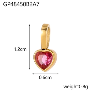 Detailed view of gold plated heart pendant with pink zircon and dimension measurements