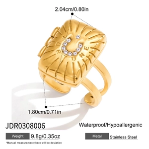 Detail of waterproof stainless steel ring with horseshoe design and Fortune engraving