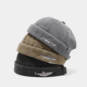 Vintage washed docker hats with shark embroidery in grey, brown and black colors