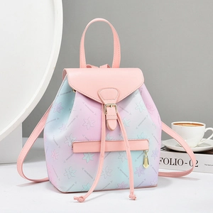 Floral embossed rainbow gradient PU leather backpack for women with gold hardware