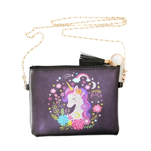 Purple unicorn DIY diamond painting crossbody bag with gold chain and black tassel