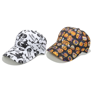 Retro Halloween baseball caps featuring ghost pumpkin and witch prints in black and white