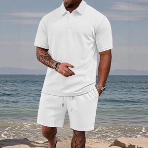 Men's summer white polo and shorts set with knit texture on a beach background