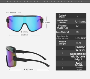 Detailed size chart for kids cycling sunglasses with dimensions and technical PC frame specs