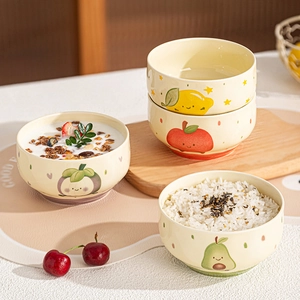Ceramic fruit bowls set featuring mangosteen, lemon, apple, and avocado patterns for home