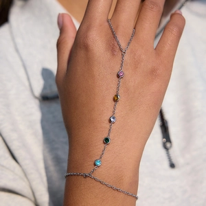 Elegant silver stainless steel ring-bracelet with five colorful gradient zircons