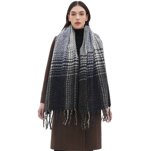 Women's autumn plaid scarf with blue and brown gradient pattern and tassels