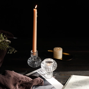 Vertical ribbed clear glass lantern candle holders set for elegant table centerpiece