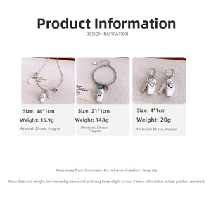 Detail view of bear jewelry set specifications showing necklace, bracelet and earrings dimensions