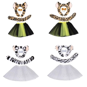 Kids faux fur animal costume set with headband, bowtie, tail, and tutu in four patterns