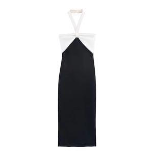 Halter Neck Midi Dress Polyester Contrast Color Artificial Pearl Trim Slim Fit Bow Back Zipper Elegant Social Party Women