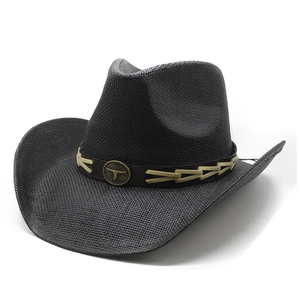 Western black straw cowboy hat with a bull head metal buckle and brown leather band