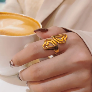 Adjustable 18k gold-plated titanium steel ring with hollow double heart design for women
