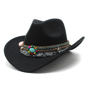 Western Cowboy Hat Polyester Felt Bohemian Style Ethnic Woven Band Turquoise Tassel Decor For Men Women Retro Fedora
