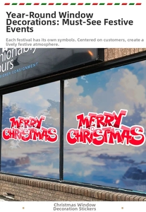 Red Merry Christmas lettering window sticker set displayed on a transparent glass storefront