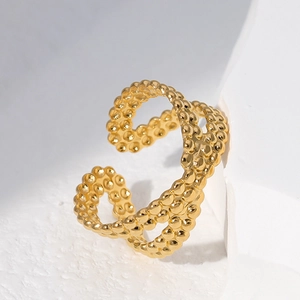 Adjustable gold plated stainless steel ring with elegant wavy beaded texture design