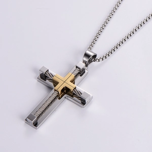 Modern stainless steel cross necklace with gold accents and braided steel cable design