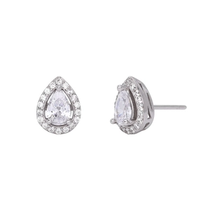 Elegant silver pear-cut zircon halo stud earrings with micro-pave diamonds for women